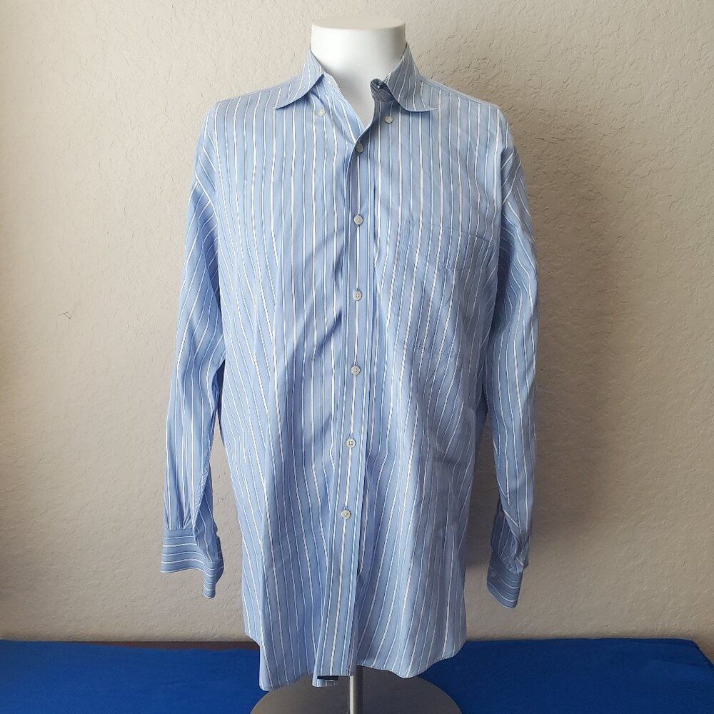 VTG Tommy Hilfiger Dress Shirt Mens 16 32/33 L Blue Striped Lifetime Collar